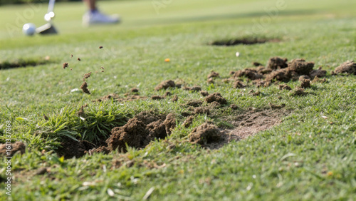 Detailed shot of divot left on green after impact, showcasing texture of turf and soil. scene captures essence of golf, highlighting interaction between club and ground