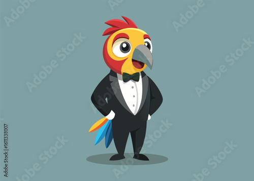 Colorful Parrot in Classic Tuxedo Whimsical Formal Bird Character Vector Art Design 