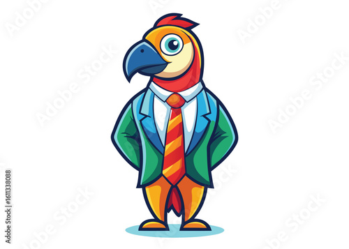 Colorful Parrot Wearing Classic Necktie Flat Vector Art with Professional and Quirky Appeal Design 