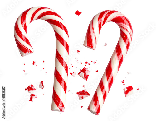 Broken Candy Cane with Crumbs, Top-Down View, Realistic Style, Transparent PNG