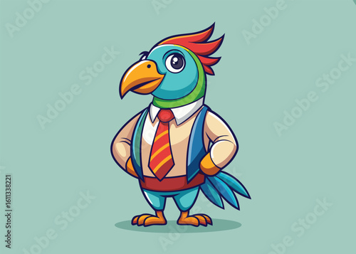 Colorful Parrot Wearing Classic Necktie Flat Vector Art with Professional and Quirky Appeal Design 