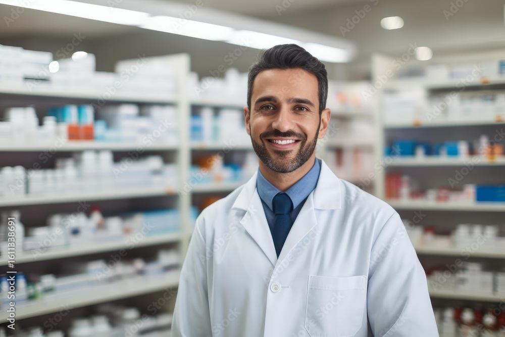 Portrait of a smiling pharmacist working in a pharmacy or drugstore Portrait of a smiling pharmacist working in a pharmacy or drugstore