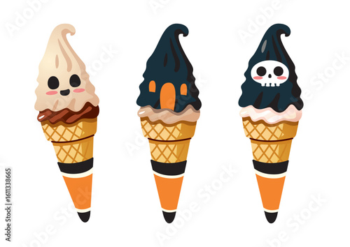 Three amusing Halloween ice cream cones featuring spooky faces and playful designs perfect for festive treats