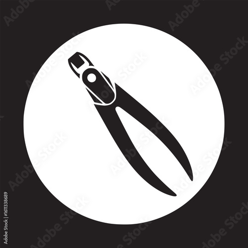 A black and white minimalist illustration of a pair of cuticle nippers inside a white circle shape