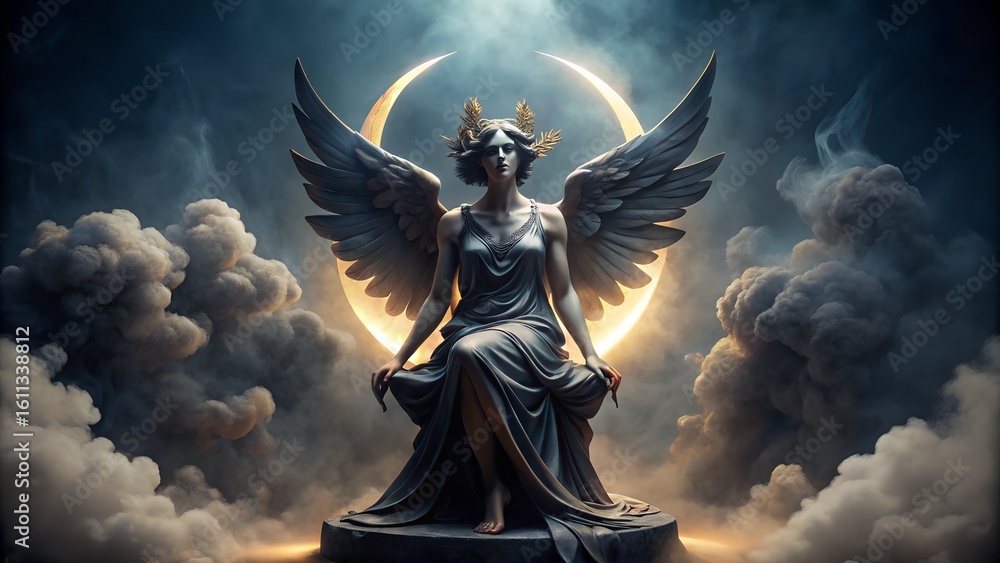 Fototapeta premium A celestial goddess with wings sits enthroned before a glowing moon in a mystical, atmospheric scene