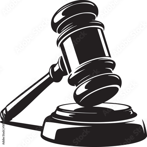 A monochrome illustration of a gavel resting on its sound block against a white background space