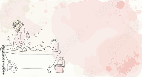 Woman relaxing in bathtub with bubbles and skincare products  