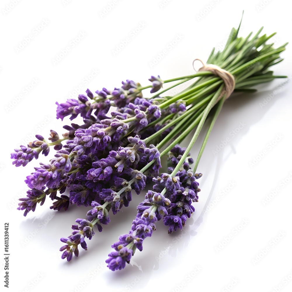 Fototapeta premium A bunch of fresh lavender flowers tied with twine on a white background