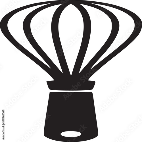 A simple black and white graphic of a whisk with a handle and wire loops on a white background