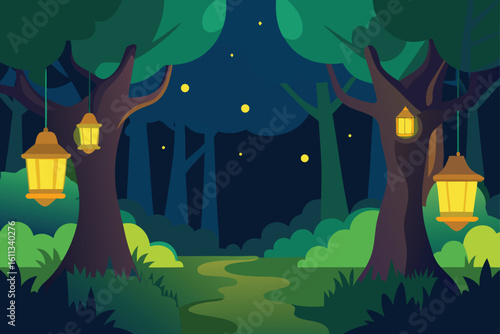 forest glade lit by lanterns