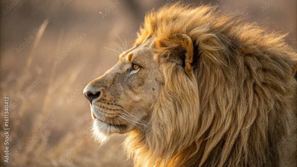 Obraz premium Majestic lion with flowing mane gazes into distance, embodying strength and grace in natural habitat. warm light enhances lion features, creating captivating scene