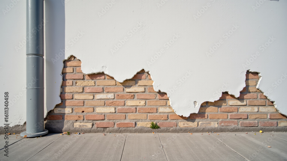 Fototapeta premium Peeling paint reveals brick wall underneath, showcasing texture and age. contrast between white surface and exposed bricks adds character