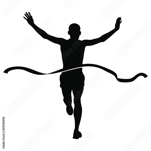 Silhouette of a triumphant runner breaking the tape symbolizes victory and achievement in sports competition