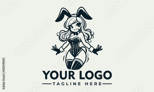 Anime-style girl in bunny costume with ears and gloves, logo design with text below.