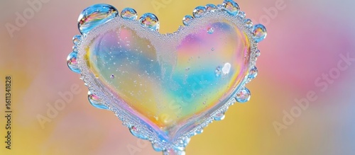 Delicate heart-shaped bubble adorned with glistening water droplets and vibrant colors