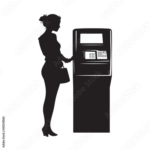 Woman at ATM silhouette, Woman at ATM vector illustration, Woman in a stylish silhouette uses an automated teller machine for a financial transaction