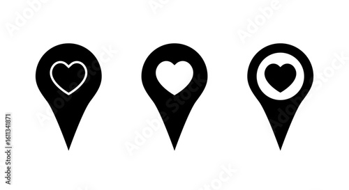 Location pin with heart icon set. Love place marker symbol. Romantic GPS navigation concept
