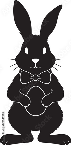 Silhouette of an Easter bunny wearing a bow tie and holding an egg,  on white background