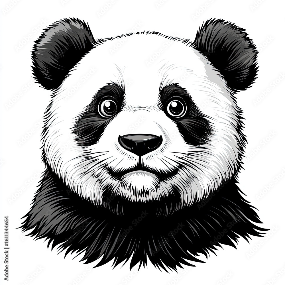 Fototapeta premium Panda head illustration featuring a detailed black and white design with expressive features and a friendly demeanor