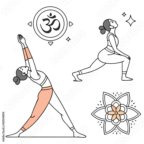 Yoga Icon Set – Collection of Flat and Line Icons Representing Meditation, Asanas, Wellness, Balance, Breathing, and Spiritual Healing for Fitness, Health, and Mindfulness Designs

