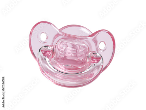 : Orthodontic pacifier isolated on white. Pink baby pacifier isolated on white background
