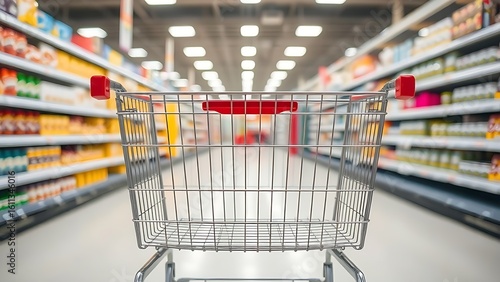 Wallpaper Mural Empty metal shopping cart in a supermarket aisle, highlighting clean commercial environments. Torontodigital.ca