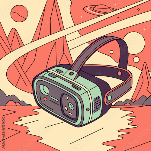 Retro Futuristic VR Headset Illustration with Geometric Space Landscape