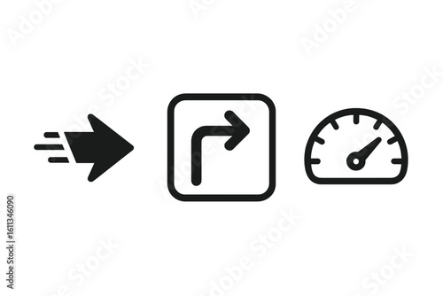 Fast acceleration arrow, right turn navigation sign, speedometer gauge vector icon set. Speed, direction, driving performance symbols for automotive app UI, infographic design