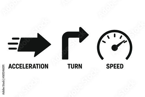 Car acceleration arrow, right turn sign, speedometer gauge dashboard icons set. Black glyph automotive indicators isolated on white background, driving vector illustration