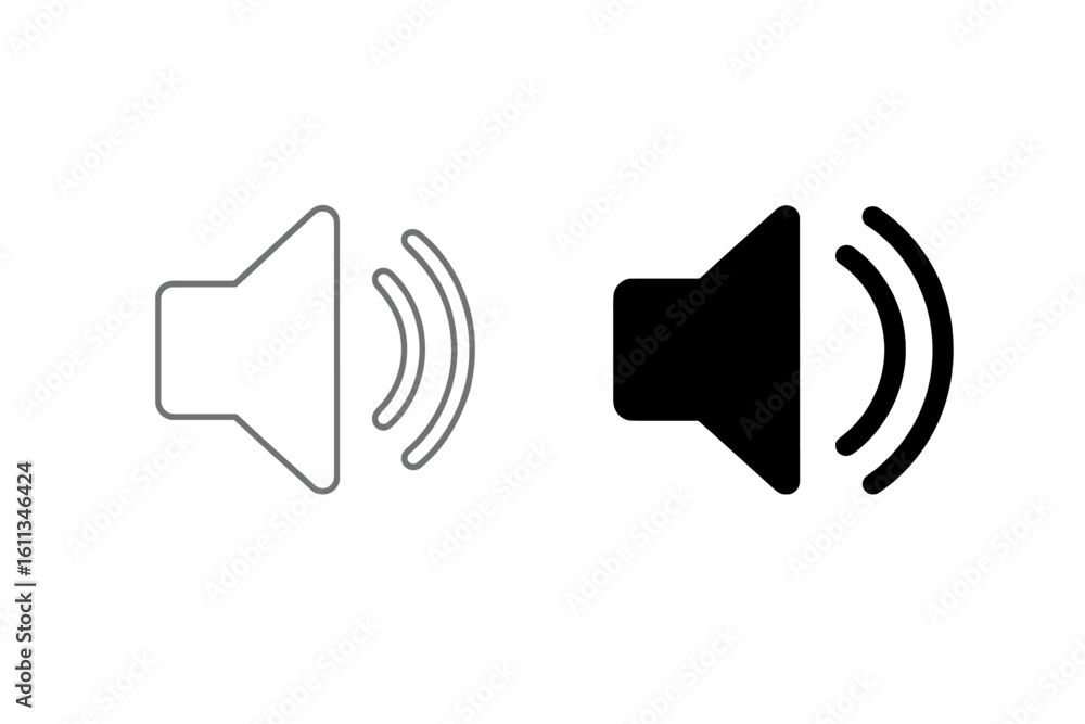 Speaker volume icon set with solid and outline sound symbol. Audio loudspeaker pictogram for music, UI, mobile app button. Simple black line flat glyph vector isolated on white Speaker volume icon set with solid and outline sound symbol. Audio loudspeaker pictogram for music, UI, mobile app button. Simple black line flat glyph vector isolated on white