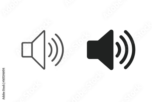Audio speaker volume icon set with outline stroke and solid glyph style. Sound loudspeaker symbol for music player, media button, UI design, web app, mobile interface, vector illustration