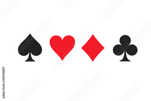 Casino playing card suit symbols vector set — black spade, red heart, red diamond, black club icons. Gambling game elements, poker signs, transparent PNG clipart, flat graphic illustration for design