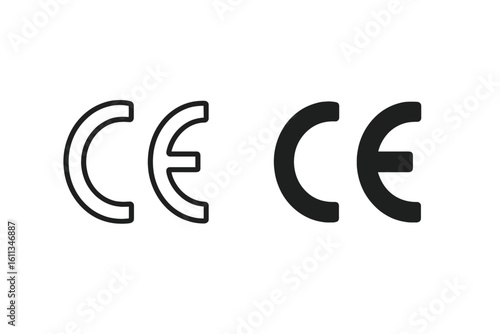 CE Mark Icons Set in Outline & Solid Style, Conformity Certification Symbol for Product Compliance, Manufacturing Export Packaging, Consumer Electronics Vector Illustration