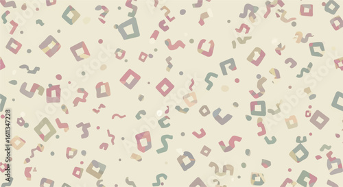 Abstract pastel pattern with geometric shapes and wavy lines on a beige background.