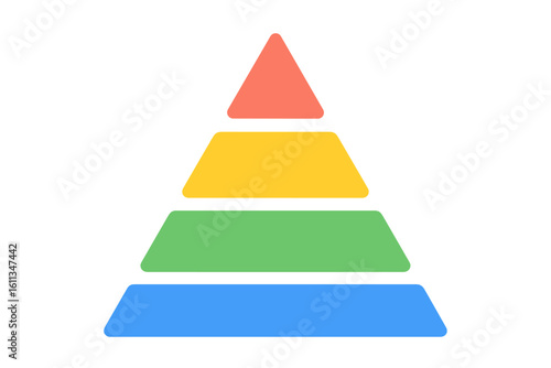 Layered triangular pyramid infographic with four colorful levels, red orange yellow green blue, business hierarchy chart, Maslow concept, blank template, vector icon isolated