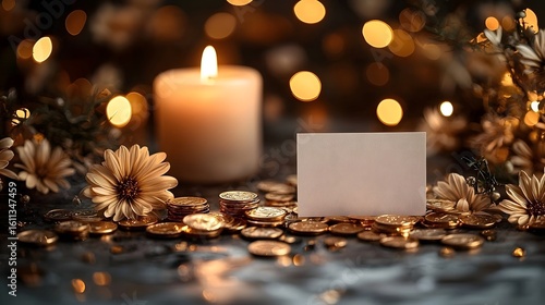Festive Hanukkah celeb n with candle flowers and golden coins