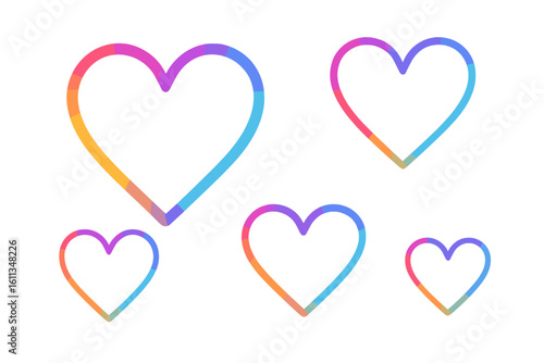Gradient rainbow heart outline set, modern love symbol line art collection featuring colorful Instagram-style spectrum stroke hearts, romantic valentine clip art, editable vector illustration on white