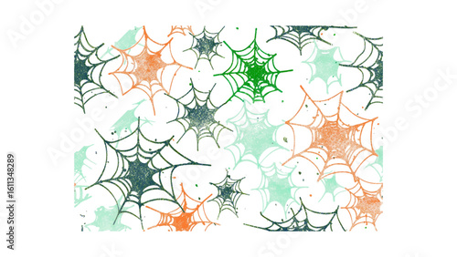 Colorful Halloween spiderwebs pattern in green, orange, and teal, perfect for spooky seasonal designs and festive decor