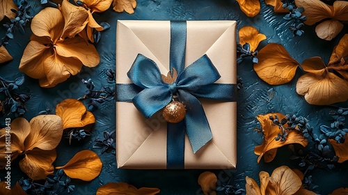 Elegant gift box with golden flowers on a blue background