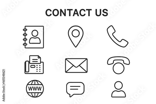 Contact us line icons set. Address book avatar, location pin, phone handset, fax machine, email envelope, website globe, chat bubble, information pictograms for communication