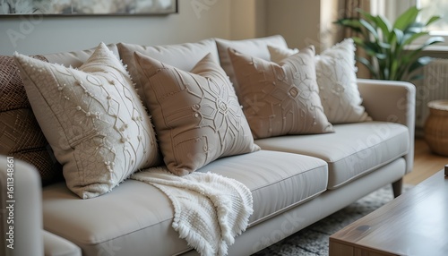 Cozy bedroom interior with sofa pillows bed and luxury decor