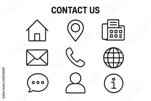 Contact us vector icon set, thin line style – home address, location pin, phone, fax, email envelope, website globe, chat bubble, user profile, info symbol – outline pictograms