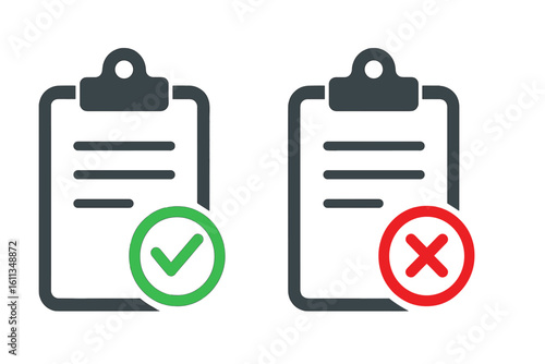 Checklist approval and rejection clipboard icon set with green check mark and red cross, task evaluation audit, quality control, accept or decline choice concept, flat vector