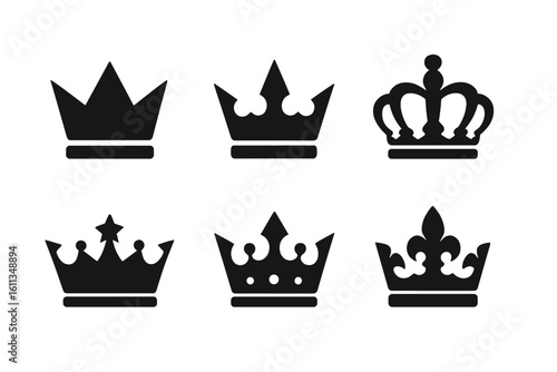 Royal crown icons collection black silhouette set. Luxury monarchy symbol graphic, flat design vector clipart. Regal king queen emblem, heraldic authority badge isolated white background