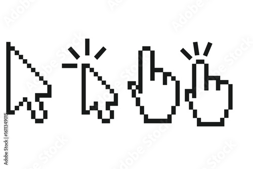 Pixel cursor icon set with mouse arrow pointer and hand clicking symbol, retro 8-bit pixel art black silhouette vector illustration for UI click action, interface navigation concept