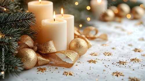 Festive holiday table with glowing candles and golden ornaments