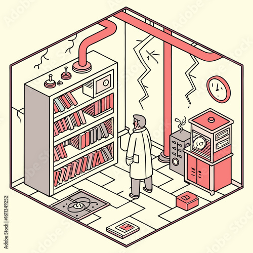 Scientist in Retro Isometric Laboratory with Damaged Walls