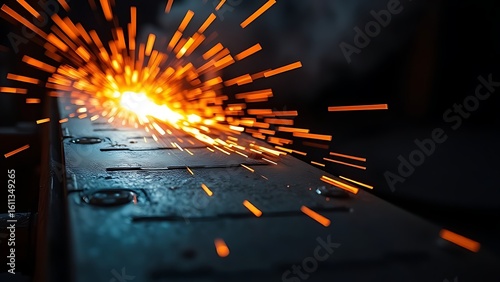 Close-up of glowing orange sparks on textured metal in a dark industrial environment.