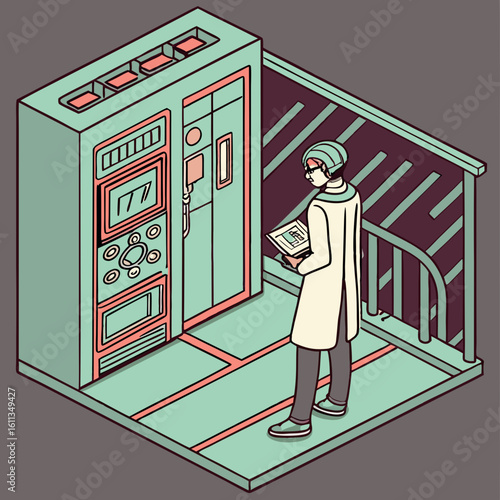 Scientist Reviewing Data in Isometric Pixel Art Lab