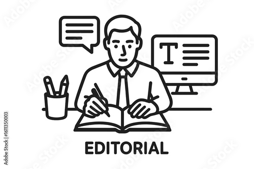 Editorial journalist writing article at desk, editor proofreading and creating content, newspaper copywriting, publishing office, line art outline vector illustration concept